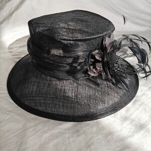 Marks & Spencer Black Sinamay Wide Brim Hat Floral Feather Beaded Church Derby